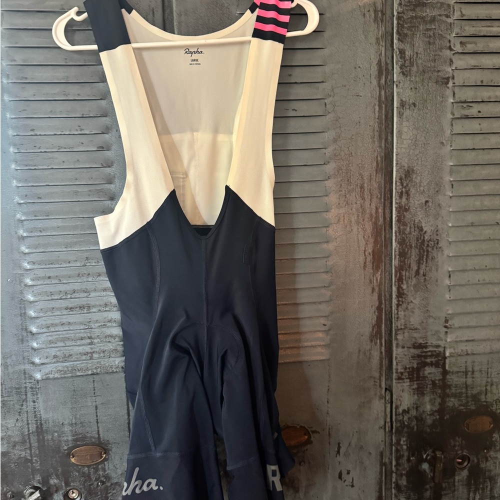 Rapha Mens One-Piece Cycling Bib - Navy & White with Pink Accent. Size Large